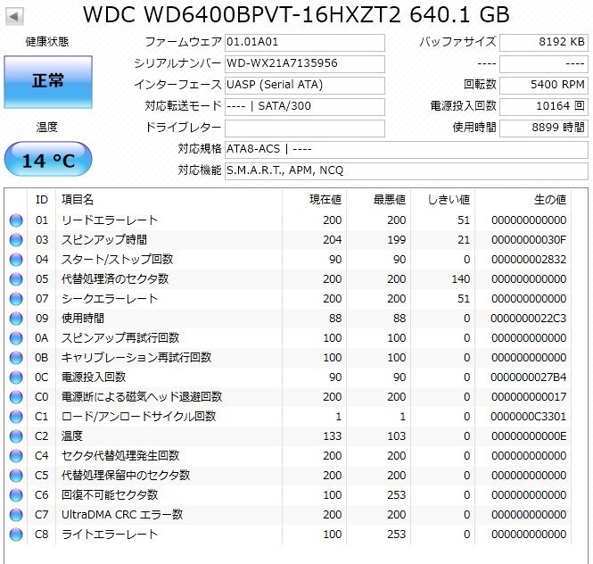 4227 2.5インチ内蔵SATAハードディスク 640GB 3個まとめて WesternDigital WD6400BPVT-16HXZT2 9.5mm 5400rpm 正常 1735/7425/8899時間_画像5