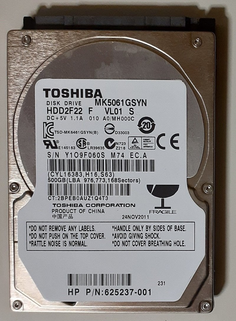 4265 2.5インチ内蔵SATAハードディスク 9.5mm 500GB 東芝 MK5061GSYN 7200rpm hp Pavilion dv6 Windows7Home64bitリカバリ領域 961時間正常_画像1