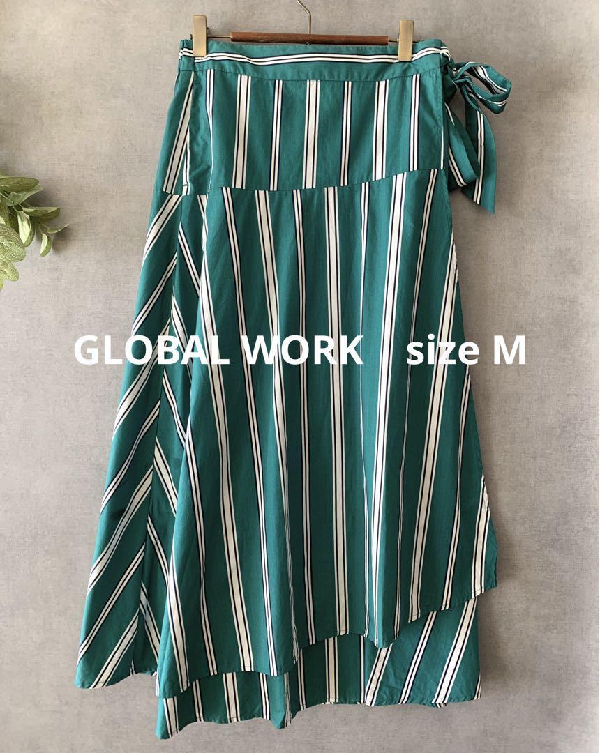 GLOBAL WORK グリーンストライプラップスカート ロングスカート_画像1