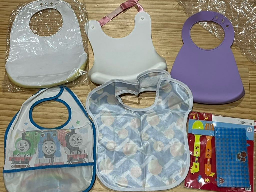 【新品未使用】 お食事エプロン 食事スタイ make my day baby bibシリコンエプロン メイクマイデイ 防水 モス スプーン フォーク 6点セット_画像2