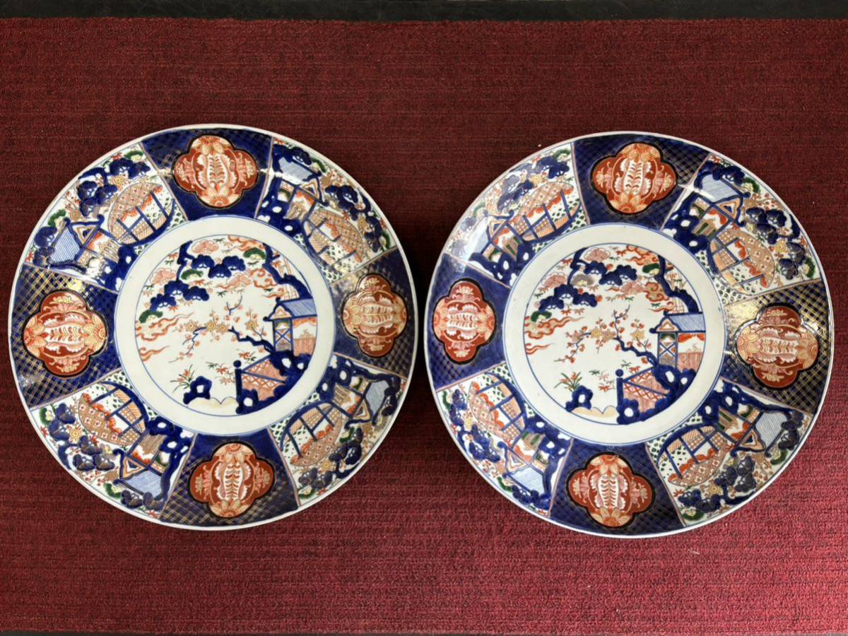 色絵 飾皿 大皿 2枚セット 日本画 陶板 陶画 陶版画 風景画 和風置物 雑貨 陶器 インテリア 飾り_画像1