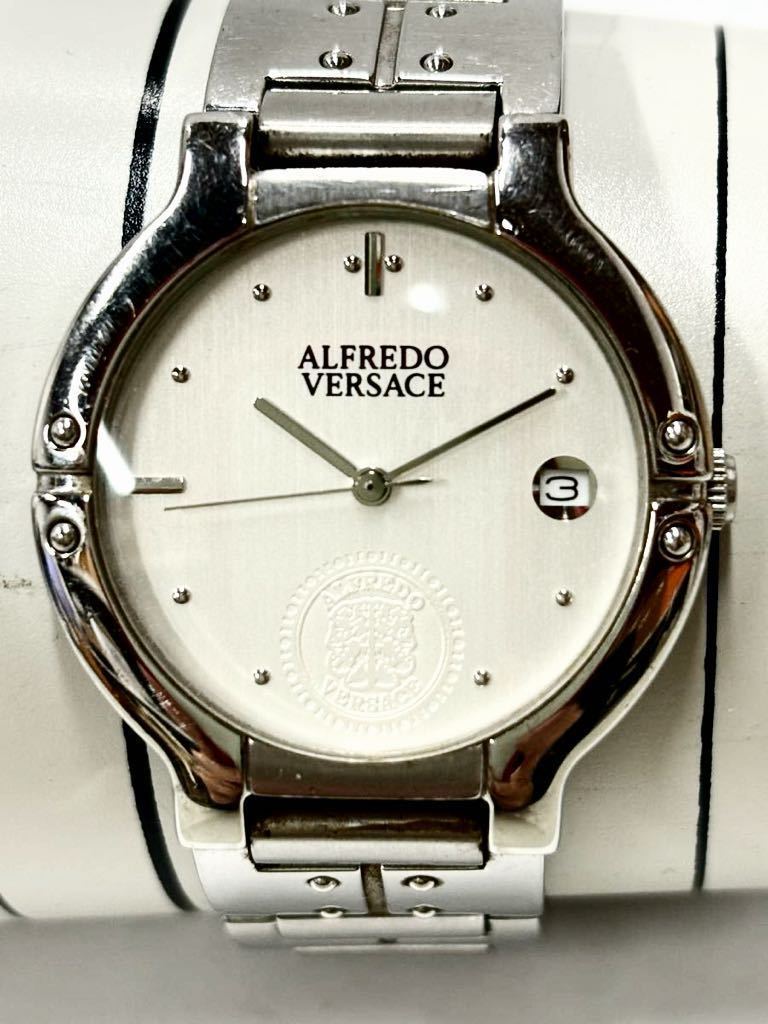 【稼働品】ALFREDO VERSACE アルフレッド ヴェルサーチ V807S クォーツ デイト シルバー 6面カットガラス レディース メンズ_画像1