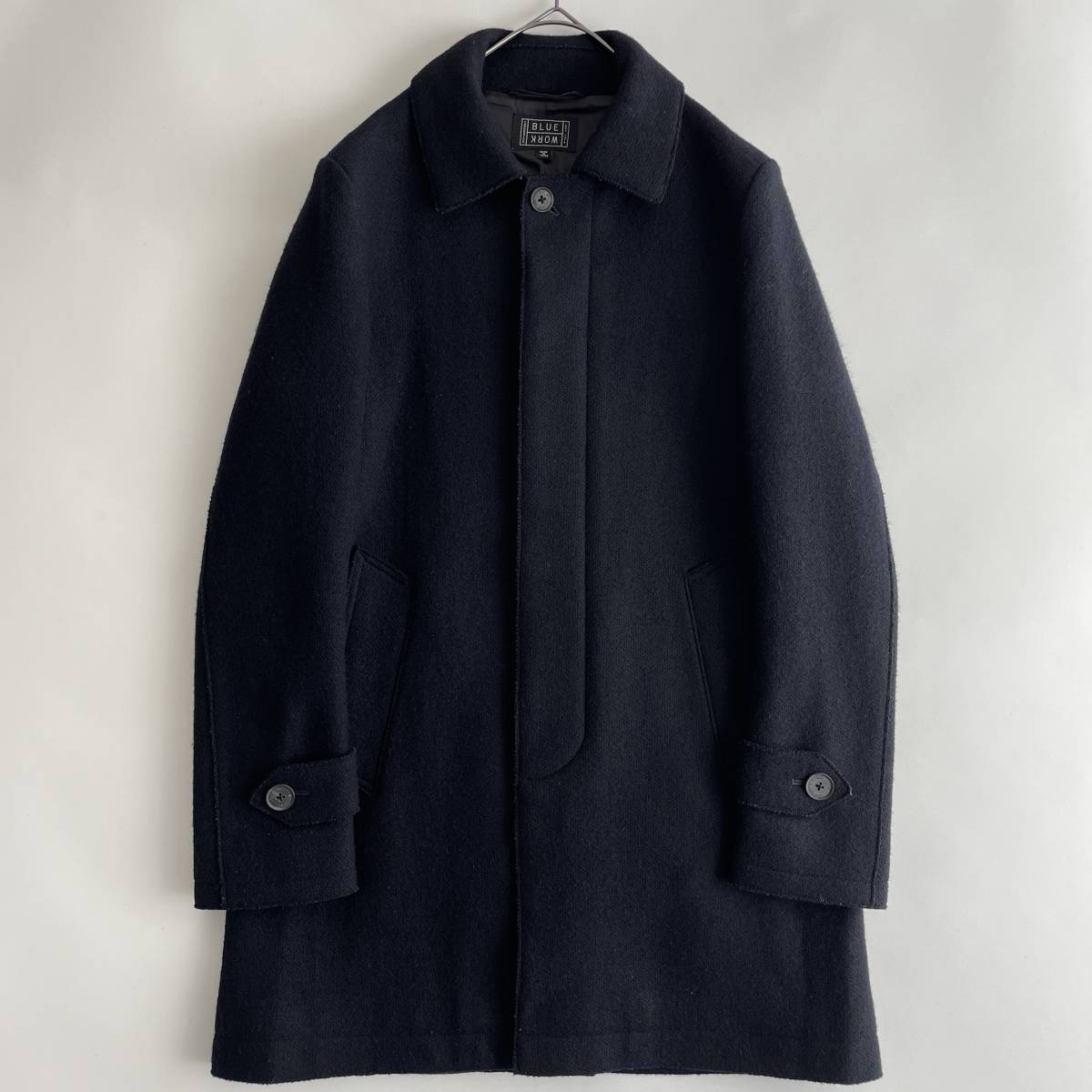 TOMORROWLAND -BLUE WORK- size/XS (c) トゥモローランド スタンカラーコート フード付き 比翼 アウター ネイビー 紺無地 日本製 coat