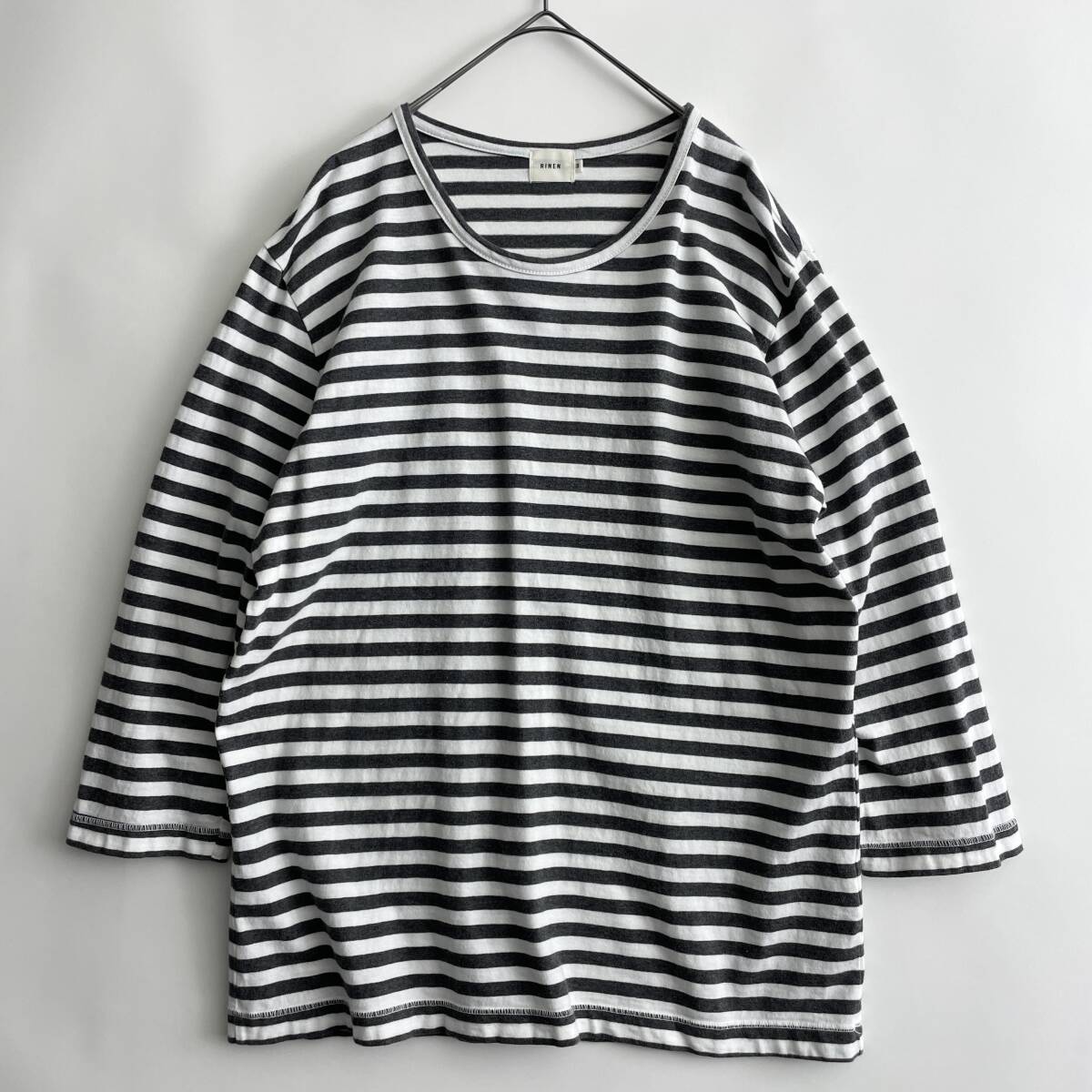 RINEN size/3 リネン カットソー ７部袖 ボーダー ロングスリーブTシャツ ロンT クルーネック 丸首 コットン ホワイト ブラック_画像7