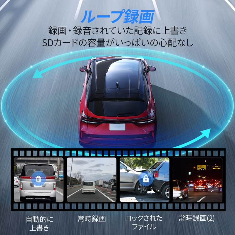 ドライブレコーダー 前後 2カメラ 1296P高画質&SONYセンサー FULLHD 300万画素 赤外線暗視 ドラレコ 24時間駐車監視 170°広角 ループ録画_画像2