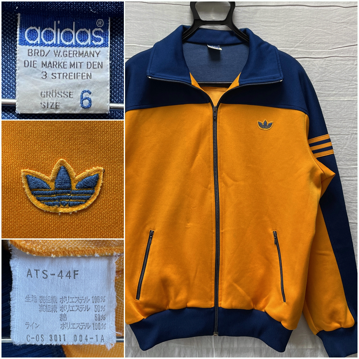 70's 80's adidas ATS-44F サイズ 6号 オレンジ / ネイビー 西ドイツタグ デサント正規品 ビンテージ アディダス ジャージ トラックトップ_画像1