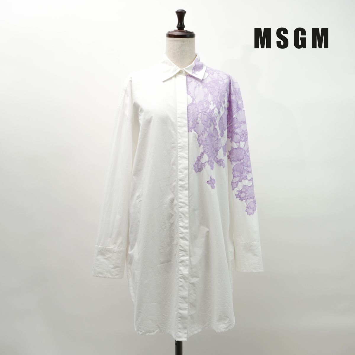 美品 MSGM エムエスジーエム 肩刺繍デザインシャツワンピース チュニック トップス レディース 白 紫 サイズ40*MC651