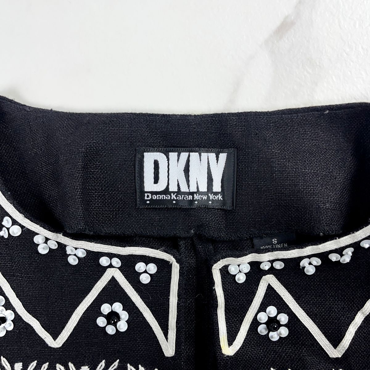 DKNY Donna Karan New York linen fringe spangled embroidery long sleeve cardigan tops lady's black black size S*MC67
