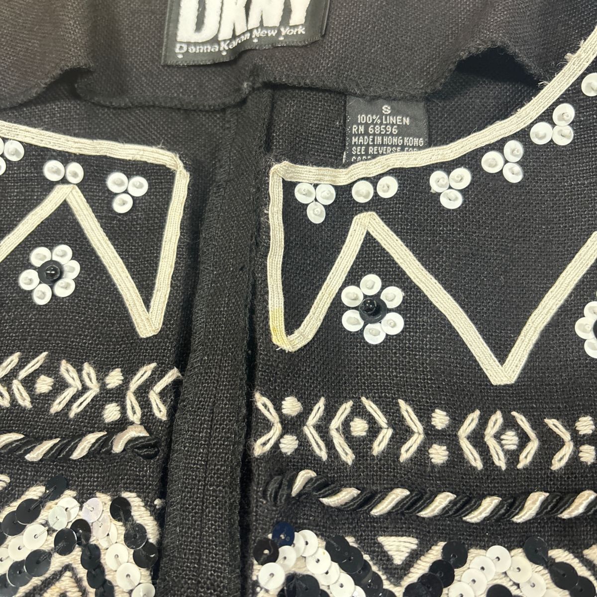 DKNY Donna Karan New York linen fringe spangled embroidery long sleeve cardigan tops lady's black black size S*MC67