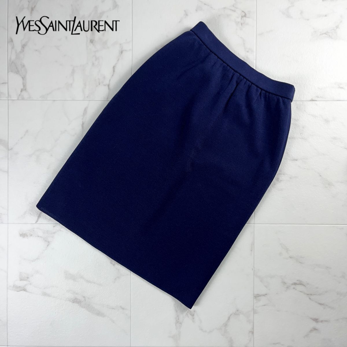  beautiful goods Yves Saint Laurentivu* sun rolan waist rubber tight skirt knees height lining equipped lady's bottoms navy blue navy size 9*MC78