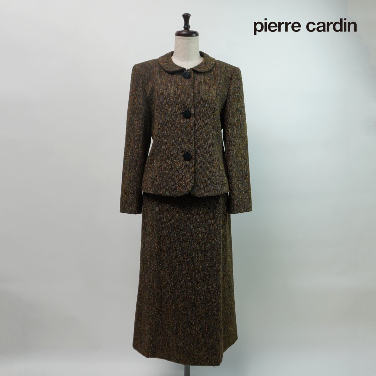 pierre cardin ピエールカルダン ツイードセットアップセレモニースーツ 丸襟ジャケット スカート レディース 黄土色 サイズ11*MC45_画像1