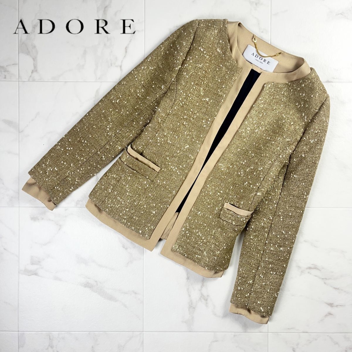 美品 ADORE アドーア ノーカラージャケット ツイード 総裏 レディース サイズXS*MC939_画像1