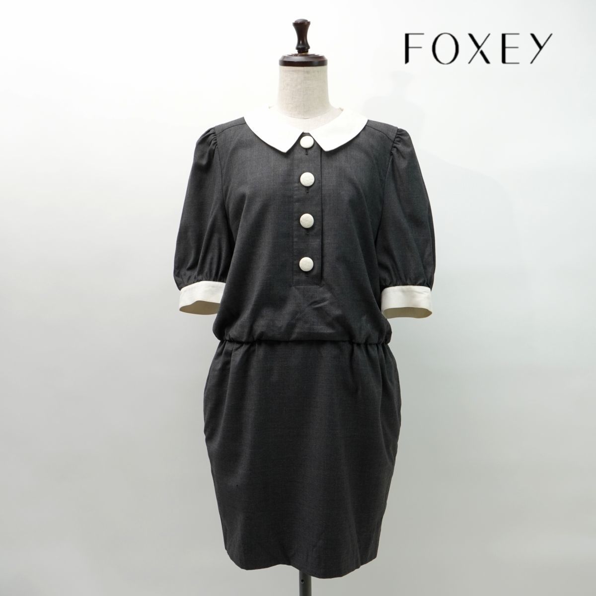 FOXEY フォクシー ウール100％ 襟付きAラインワンピース 半袖 デザインボタン レディース 黒 ブラック サイズ42*MC942_画像1