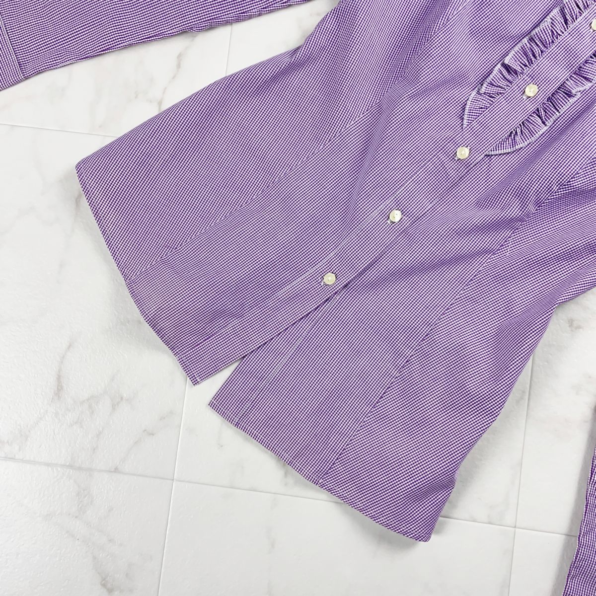  beautiful goods BENETTON Benetton silver chewing gum check frill design cotton shirt tops lady's purple purple size XS*MC705