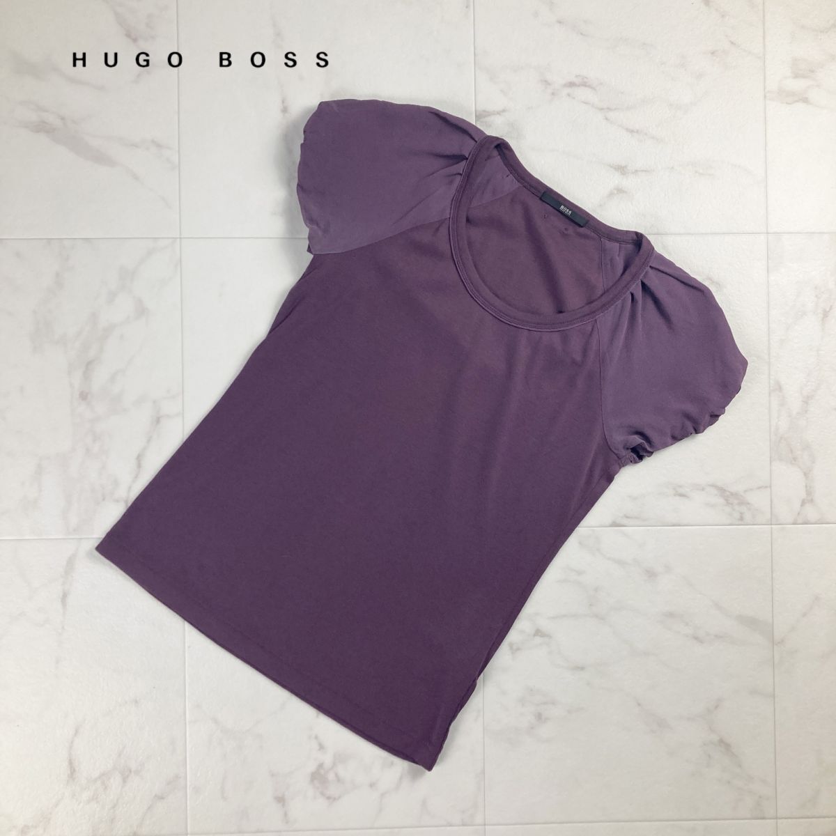 美品 HUGO BOSS ヒューゴボス フレンチスリーブ シルク混 半袖Tシャツ カットソー トップス レディース 紫 パープル サイズS*MC317の画像1