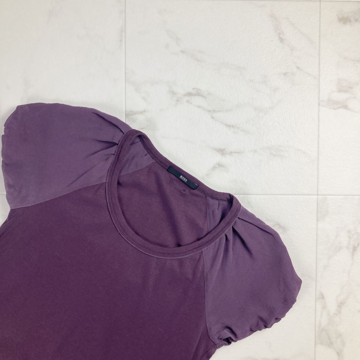 美品 HUGO BOSS ヒューゴボス フレンチスリーブ シルク混 半袖Tシャツ カットソー トップス レディース 紫 パープル サイズS*MC317の画像2