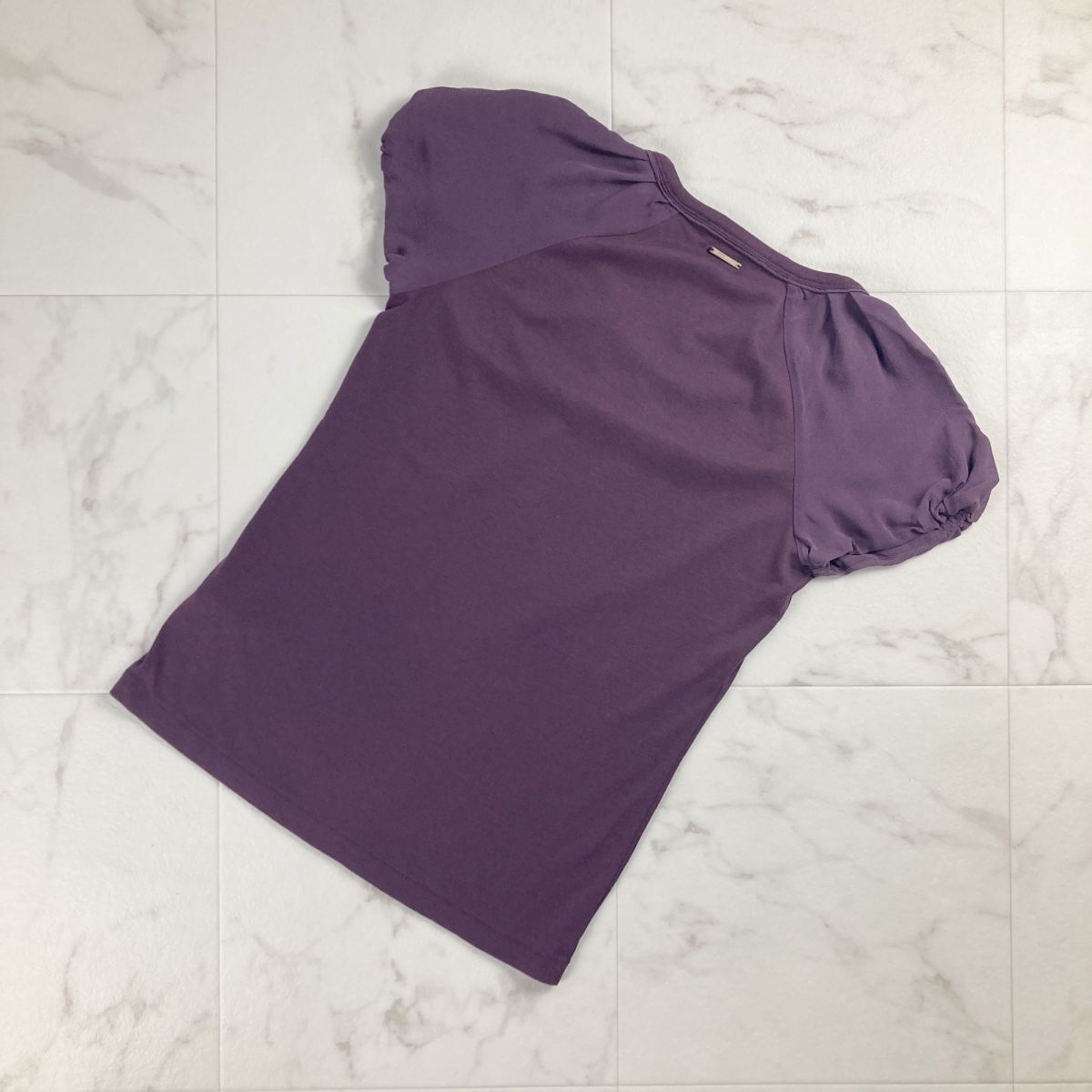 美品 HUGO BOSS ヒューゴボス フレンチスリーブ シルク混 半袖Tシャツ カットソー トップス レディース 紫 パープル サイズS*MC317の画像4