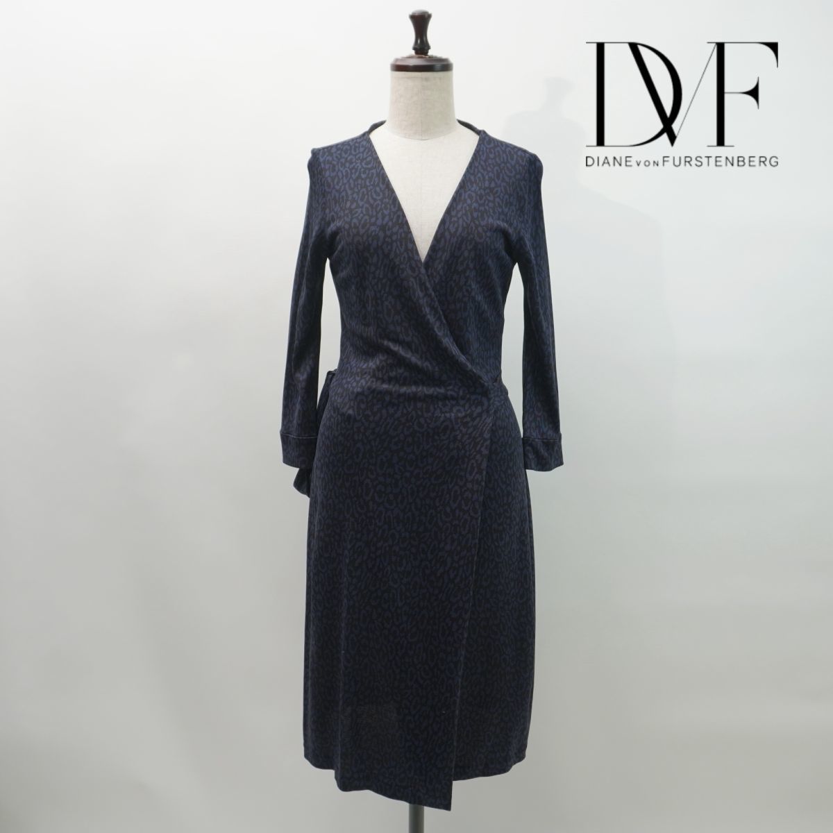 美品 DIANE von FURSTENBERG ダイアンフォンファステンバーグ シルク ヒョウ柄カシュクールワンピース レディース 黒 青 サイズ2*MC765