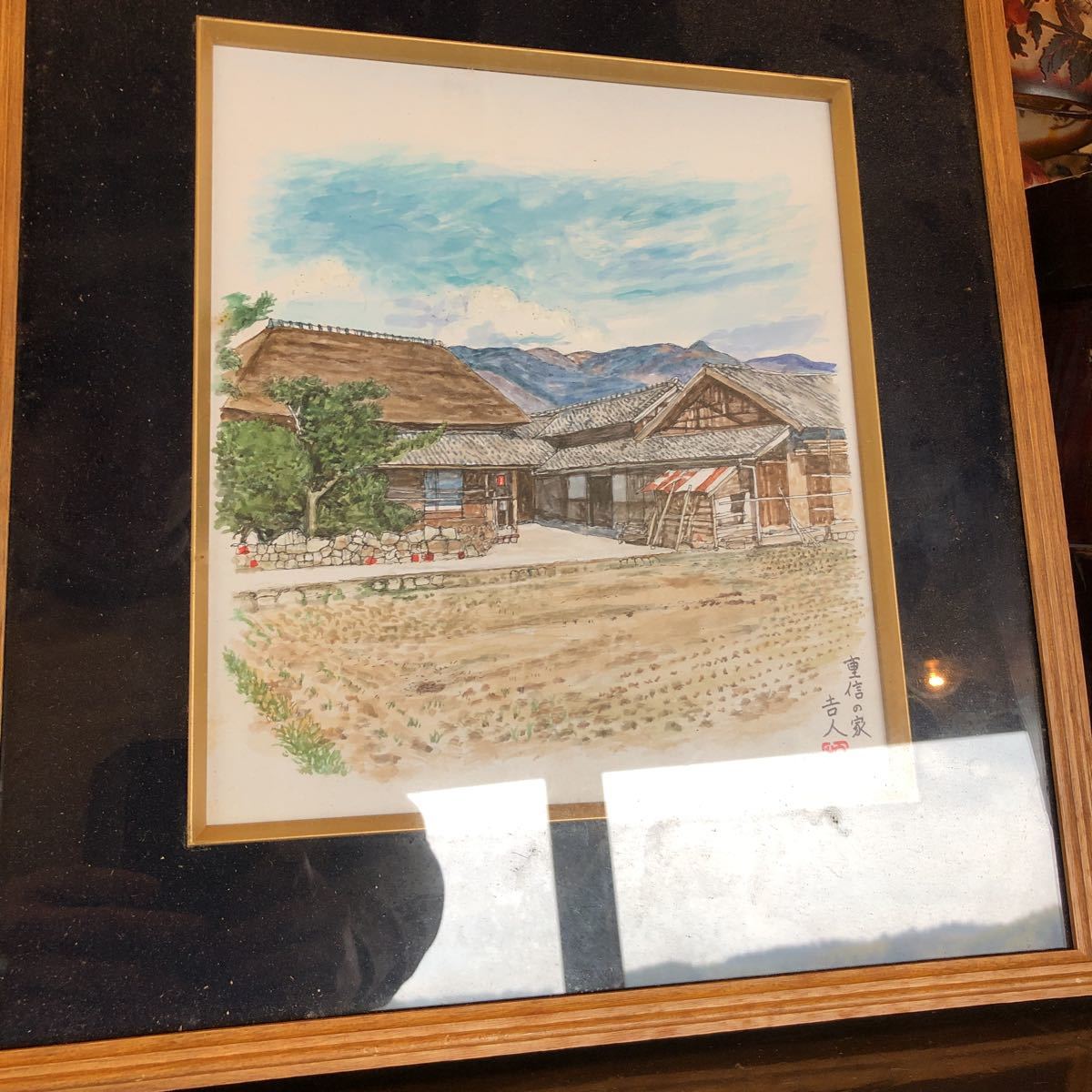 藁葺き屋根の家と小川の風景が描かれた油絵 さらに値下げしました www