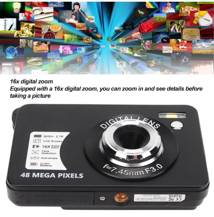 デジタルカメラ 2.7インチキッズカメラフルHD 2.7K 48MP 16倍ズームアンチシェイク連続撮影顔認識ビデオレコーダー ポータブルキッズカメラ_画像5