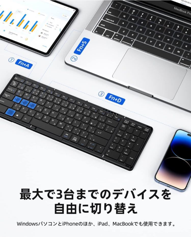 Omikamo Bluetoothキーボード 折り畳み式 テンキー付き ipad/iphoneフルサイズ 日本語配列 3台デバイス切替Windows/Mac/iOS対応 Type-C充電_画像6