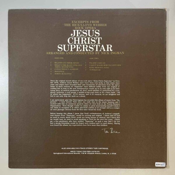 30953★良盤【US盤】 OST / Nick Ingman / Excerpts From Jesus Christ Superstar_画像2