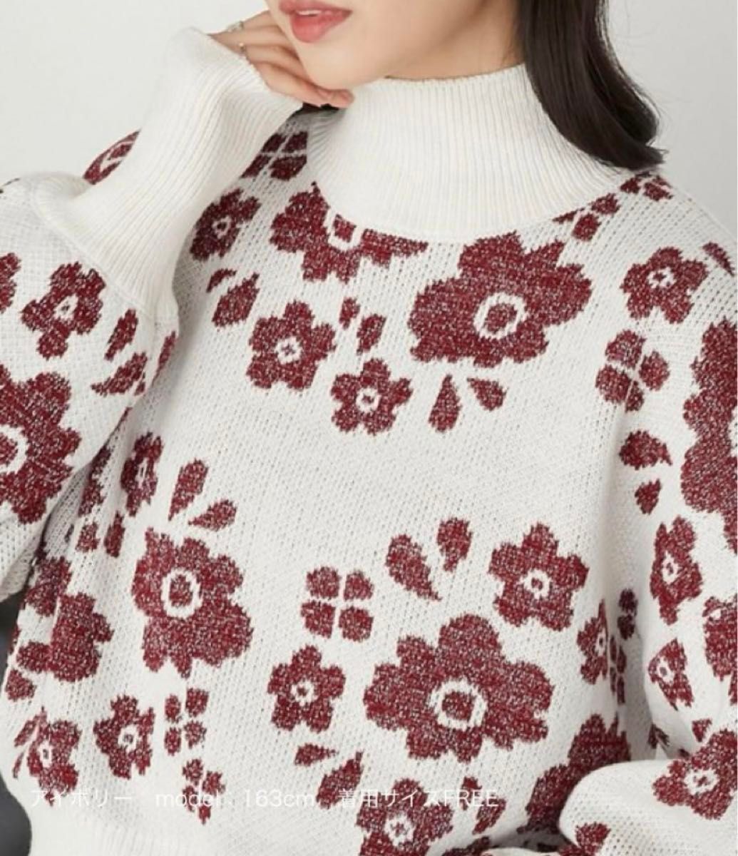 大きいサイズ花柄セーター　ラメジャガードセーターレディース　ハイネックニットプルオーバー　タートルネック　　新品