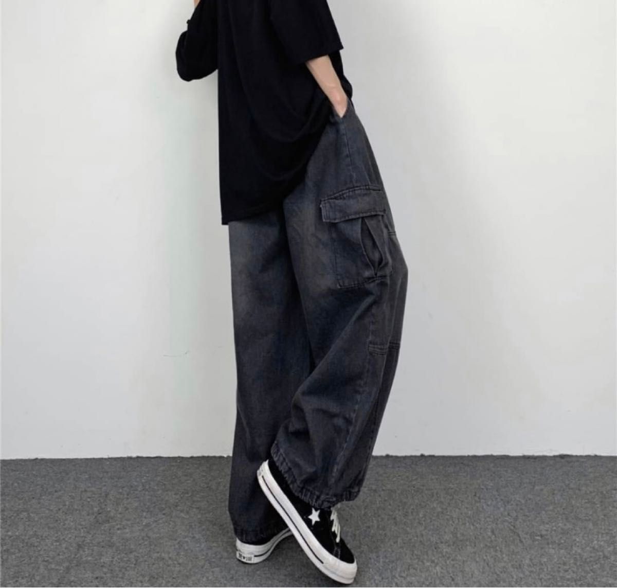 黒デニム カーゴパンツ Mサイズ カジュアル ジーンズ ストリート ブラックデニム ユニセックス ワイドパンツ 韓国