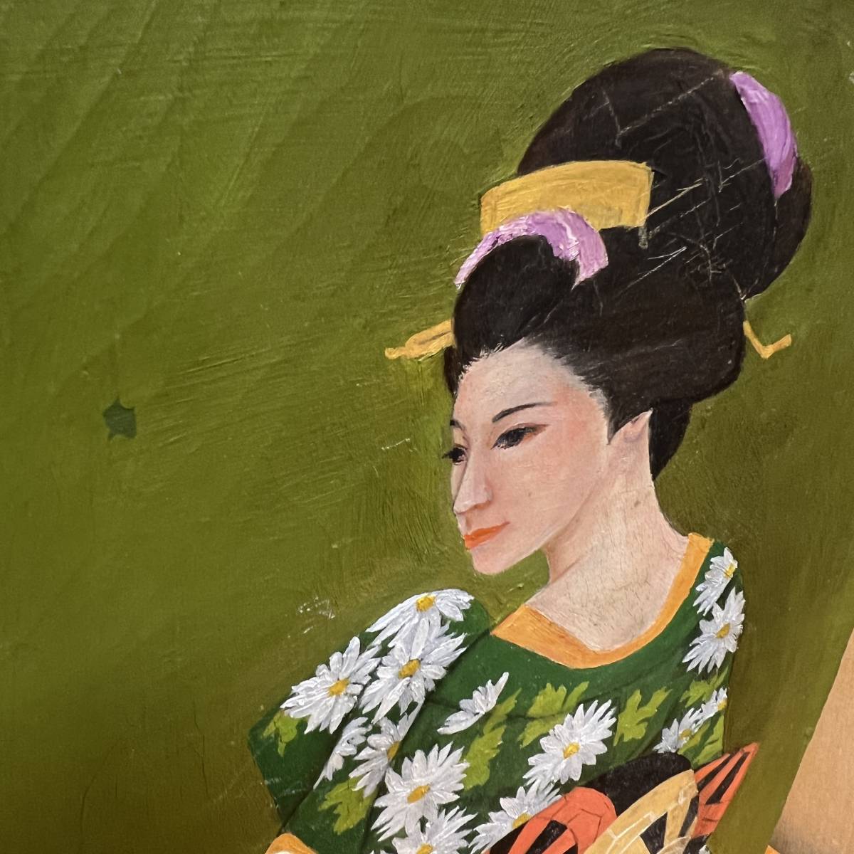 【模写】送料無料0223-3 絵 油絵 着物 女性 美人画 秋 油彩 緑の画像8