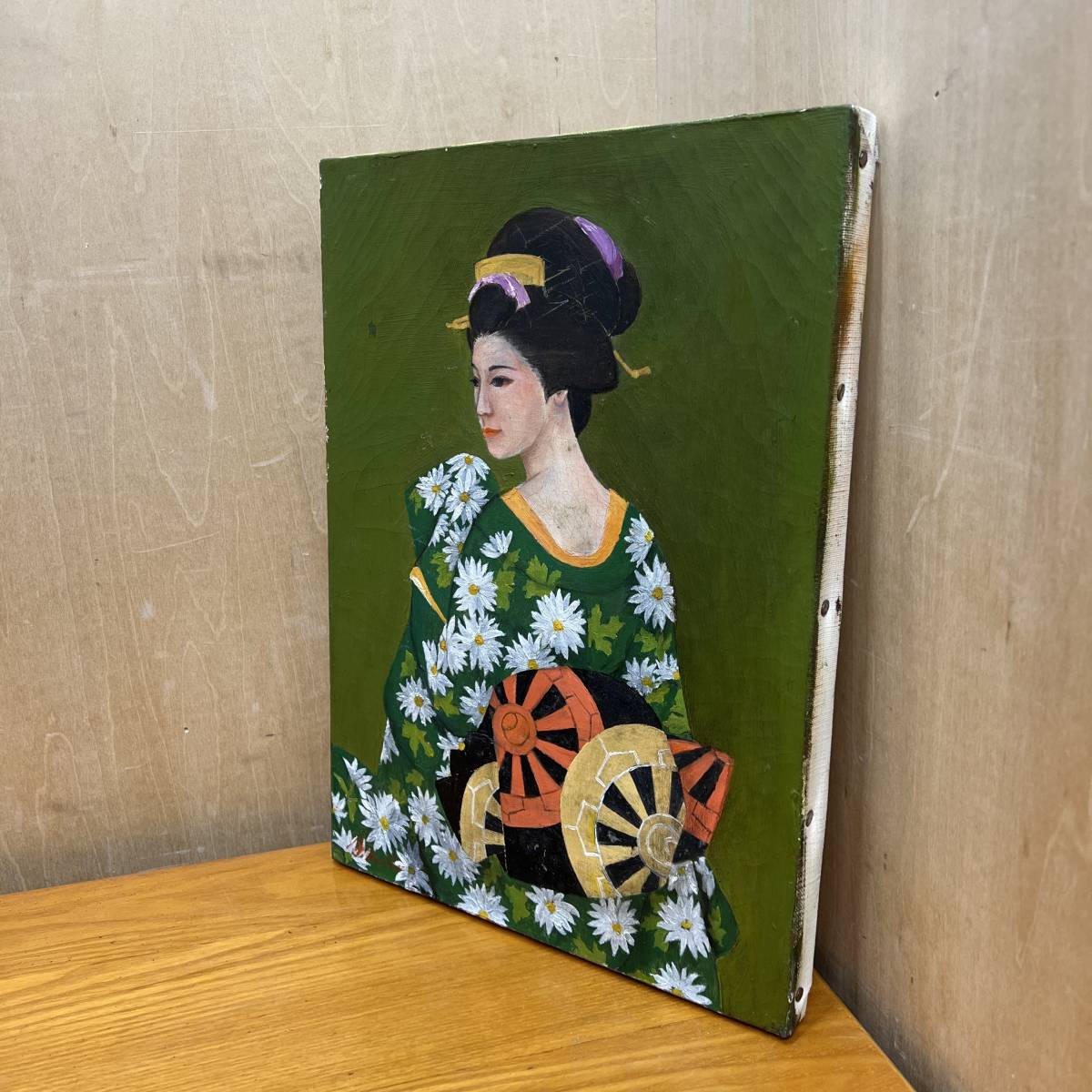 【模写】送料無料0223-3 絵 油絵 着物 女性 美人画 秋 油彩 緑の画像5