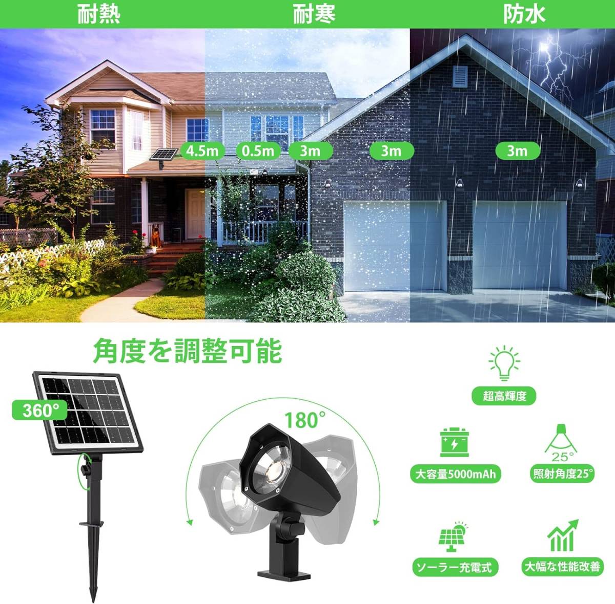  solar light outdoors garden light solar LED spotlight separation type bright 3 color switch *2 -step style light 5000mAh high capacity IP66 waterproof lamp color 