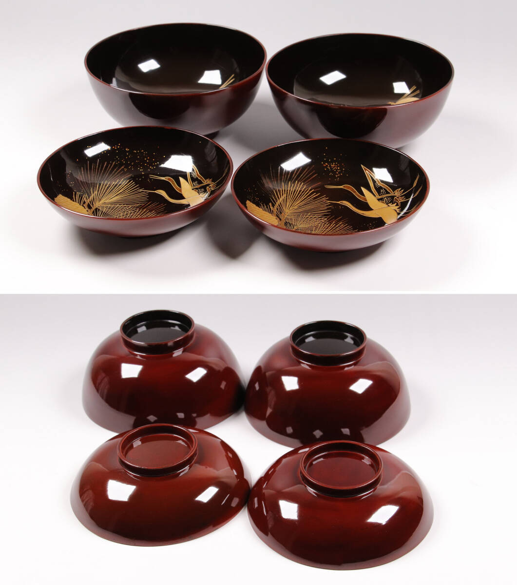 CH63 時代輪島塗 松鶴金蒔絵 溜塗内黒塗 煮物椀 二客 木製漆器 CH63 時代輪島塗 松鶴金蒔絵 溜塗内黒塗 煮物椀 二客 木製漆器