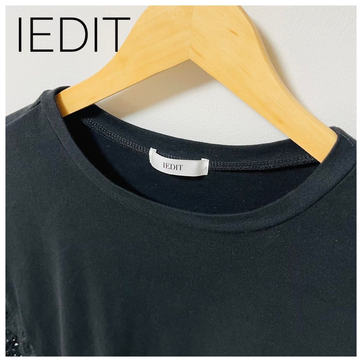 美品【IEDIT】袖レース　Tシャツ　カットソー　半袖　黒　トップス　快適　M