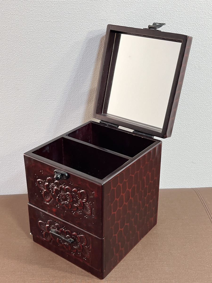 メイクボックス 化粧箱 ミラー付き　鎌倉彫　木製_画像1