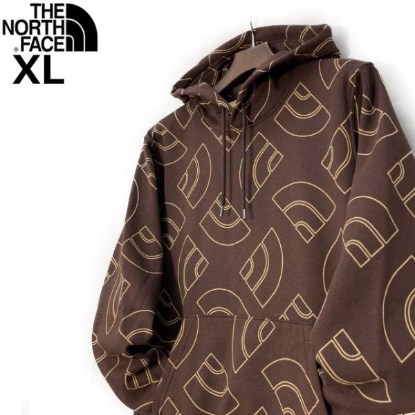 1円～!売切!【正規新品】THE NORTH FACE◆ALL OVER PRINT HOODIE パーカー US限定 裏起毛 ハーフドームロゴ 男女兼用(XL)茶 総柄 181130-35