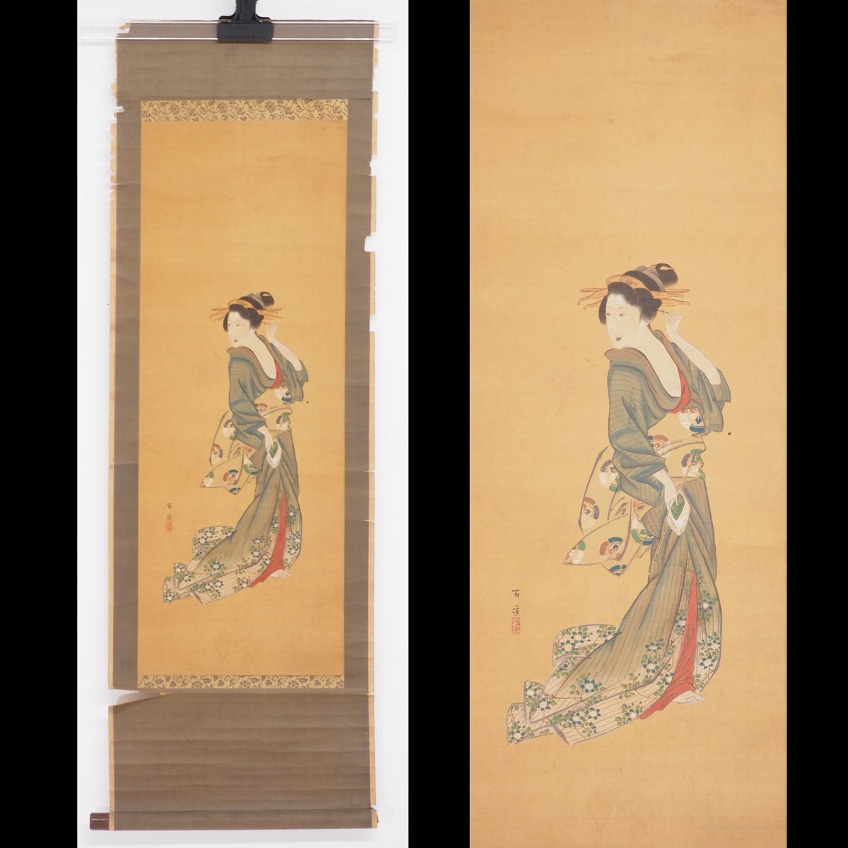 【真作】【渡鹿庵】[有道] 14935 掛軸 日本画 美人画 合箱 紙本 浮世絵 着物 在銘_画像1