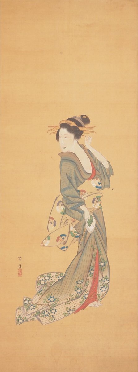 【真作】【渡鹿庵】[有道] 14935 掛軸 日本画 美人画 合箱 紙本 浮世絵 着物 在銘_画像3