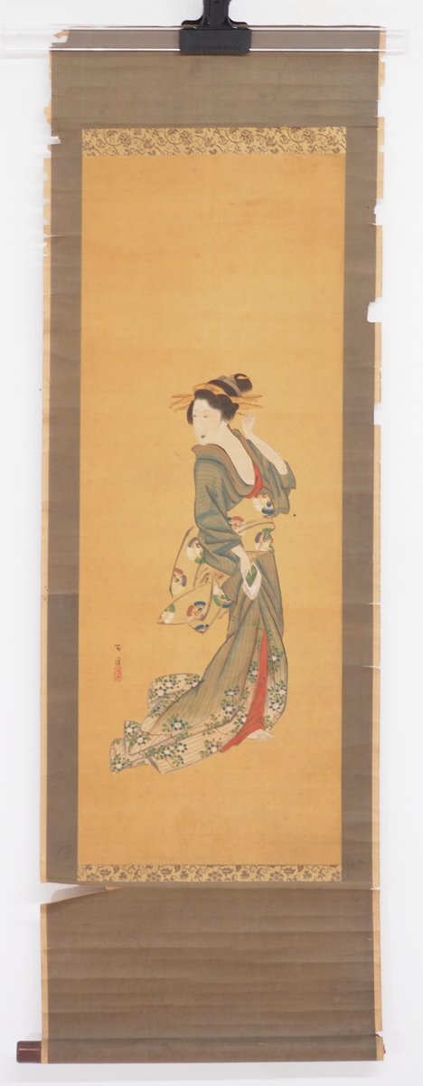 【真作】【渡鹿庵】[有道] 14935 掛軸 日本画 美人画 合箱 紙本 浮世絵 着物 在銘_画像2