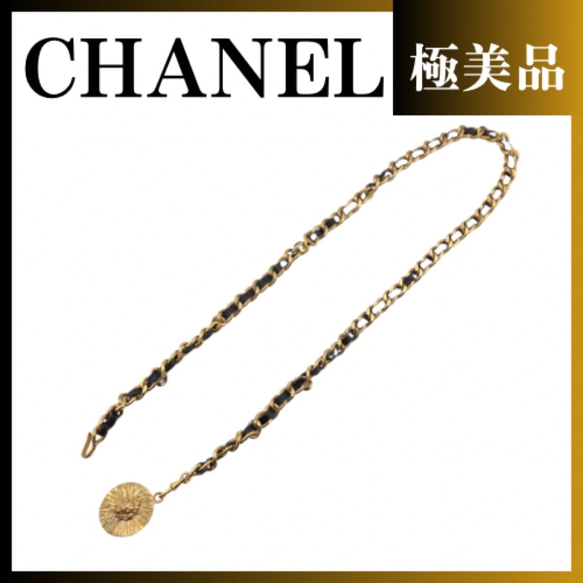 CHANEL シャネル アクセサリー 刻印 レディース ブラック チェーンベルト オールドライオンモチーフ 革