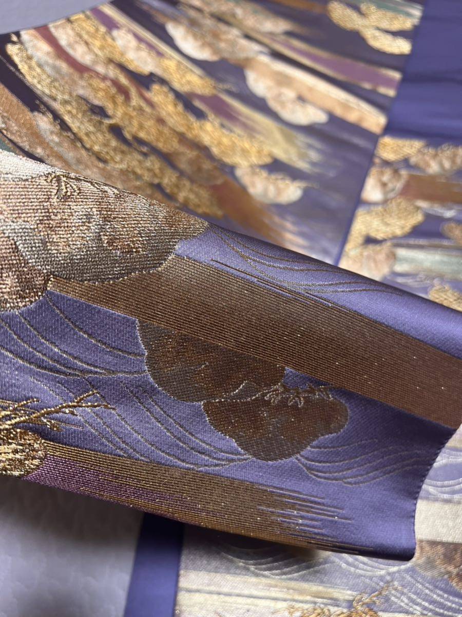 帯 薄紫 正絹 袋帯 金糸 松 山々 きもの 織物 呉服 木々_画像7