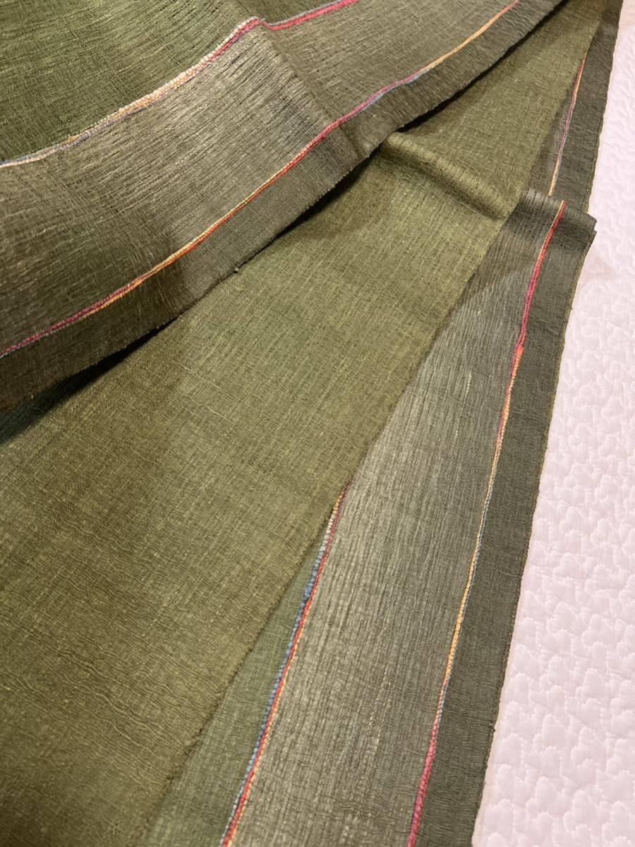 全通 帯 緑系 織物 袋帯 縦縞 自然素材 呉服 上布_画像3