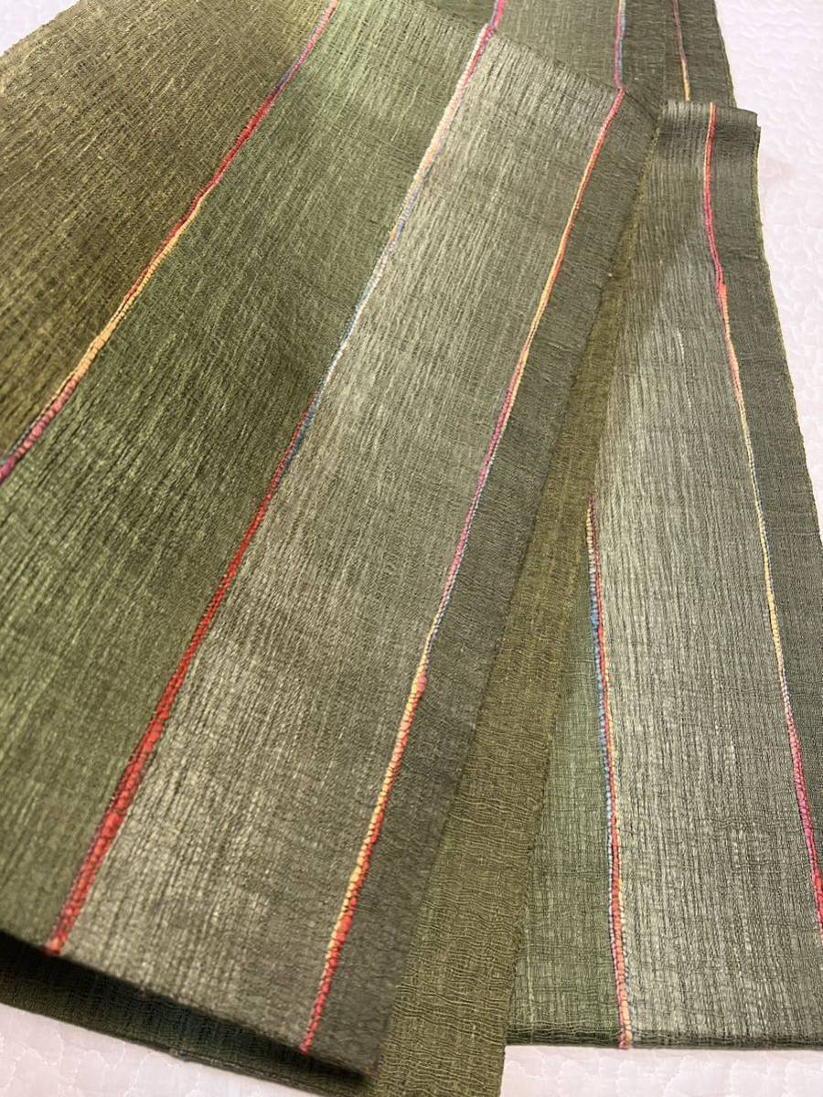 全通 帯 緑系 織物 袋帯 縦縞 自然素材 呉服 上布_画像2