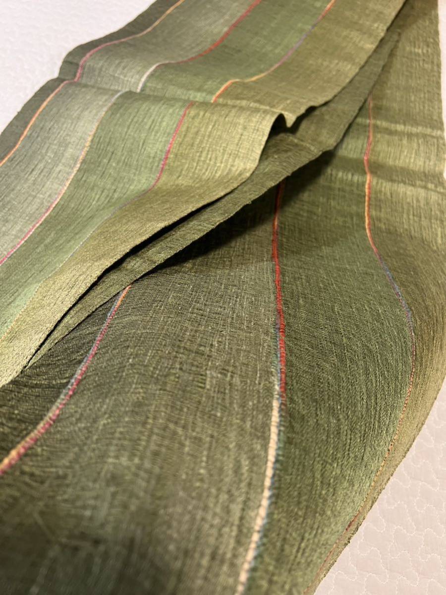 全通 帯 緑系 織物 袋帯 縦縞 自然素材 呉服 上布_画像8
