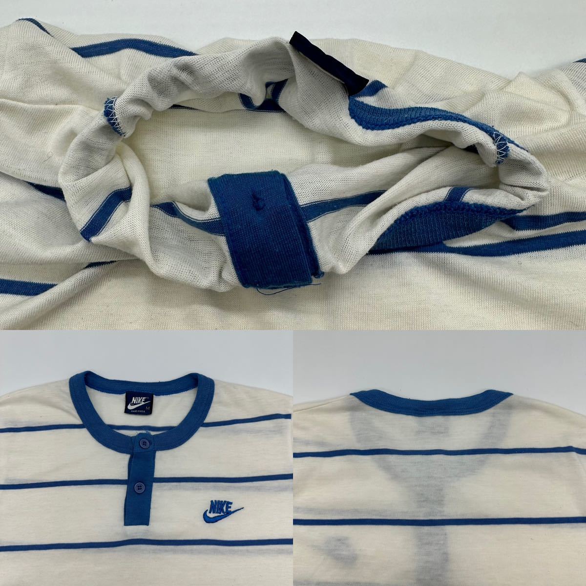 【M】Vintage 80s NIKE Tee Tshirt 80年代 ヴィンテージ ナイキ ヘンリーネック リンガー 刺繍Tシャツ ボーダー G2403の画像3