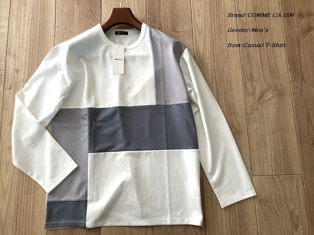 新品訳有り COMME CA ISM コムサイズム パッチワーク クルーネック ロングスリーブ Tシャツ 01ホワイト Mサイズ 64TE23 定価4,400円_画像1