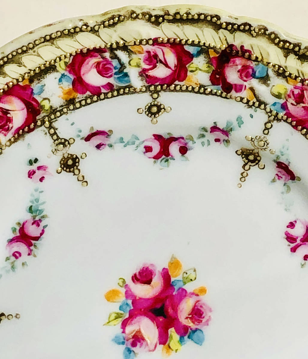 １９０２年      オールドノリタケ最初のマルキ印ハンドペイントセーブルスタイルピンクローズパターン飾り皿の画像3