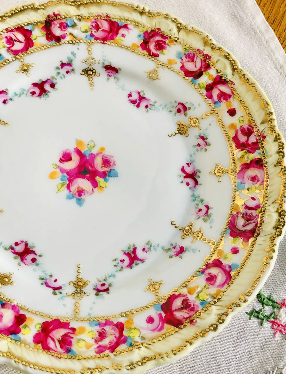 １９０２年      オールドノリタケ最初のマルキ印ハンドペイントセーブルスタイルピンクローズパターン飾り皿の画像7