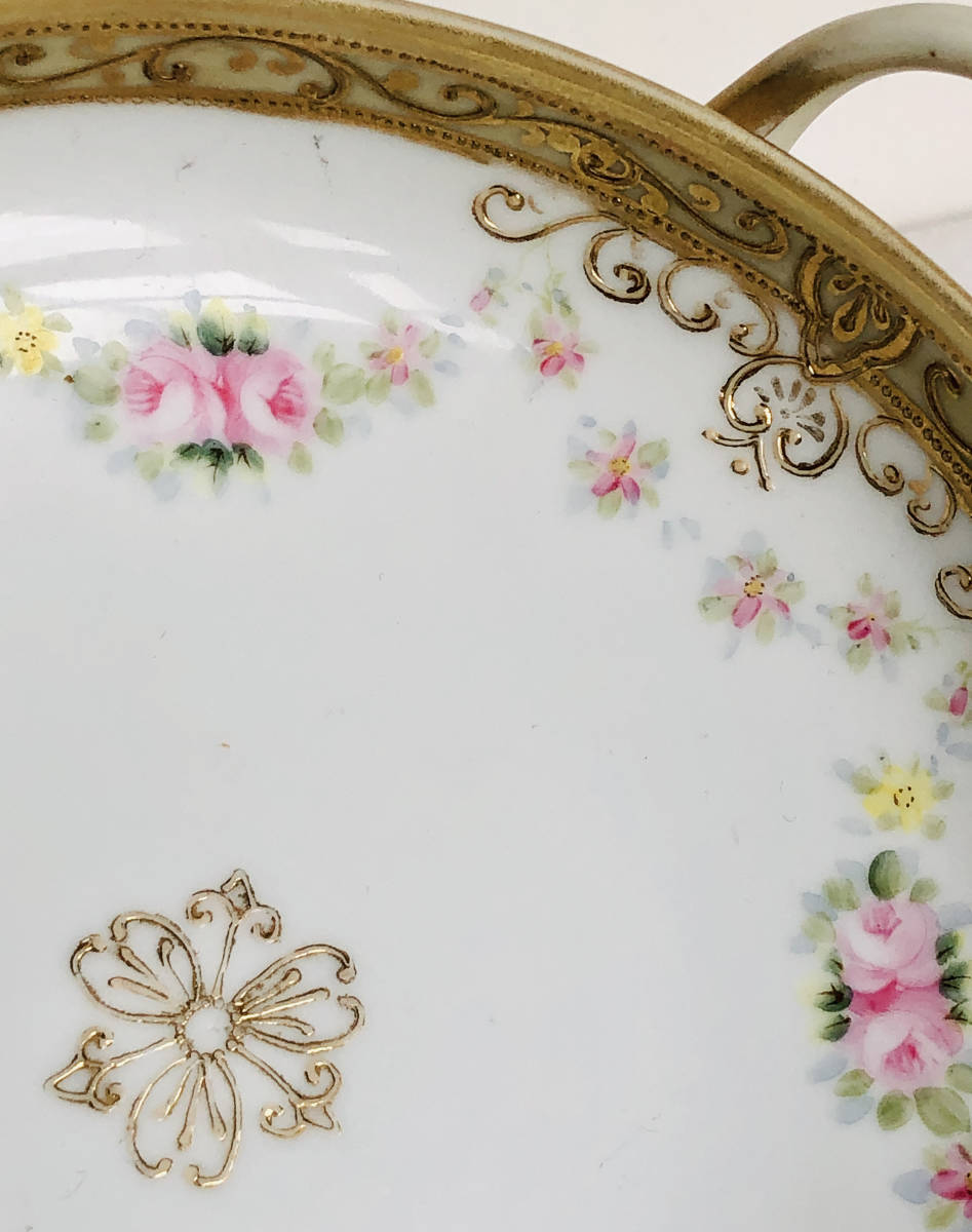 １９１０年 オールドノリタケブルーマルキ印盛り付け金彩ハンドペイントガーランドパターンハンドル付きオードブル盛り皿の画像4