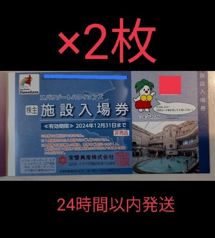 ★常磐興産株主優待 ハワイアンズ入場券2枚　2024年12月末まで 匿名配送_画像1