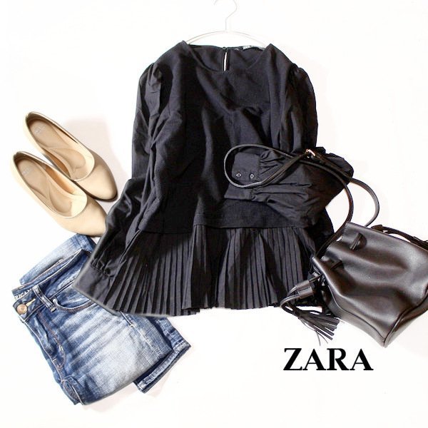 美品 ザラ ZARA 異素材切り替え プリーツ加工 ストレッチ カットソー M 春 秋 合服 24C02_画像1